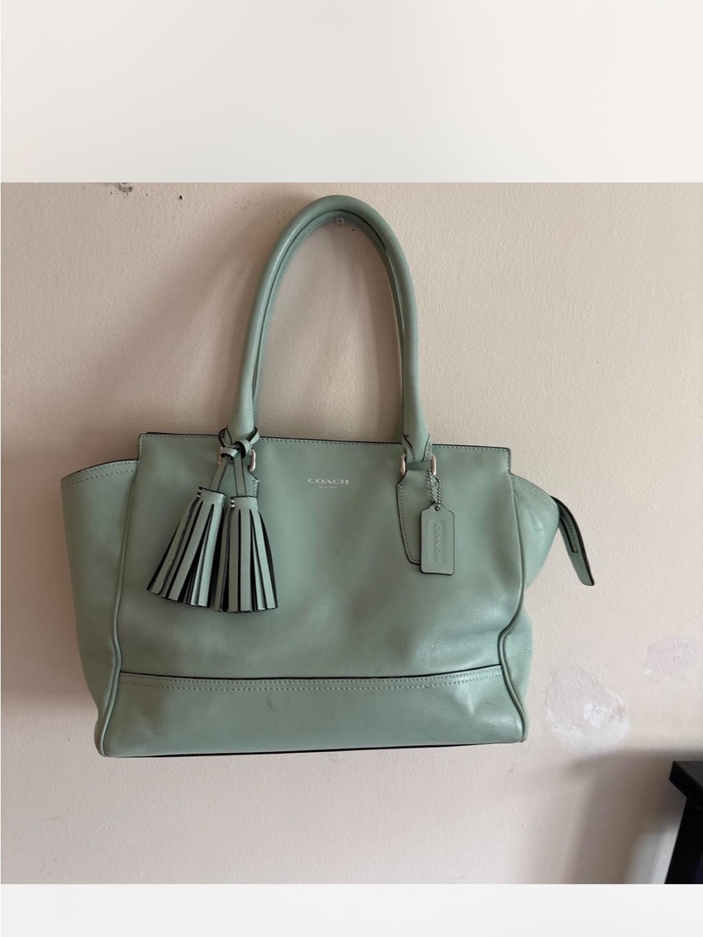 Coach Mint Green Leather Tote with Tassel Charm